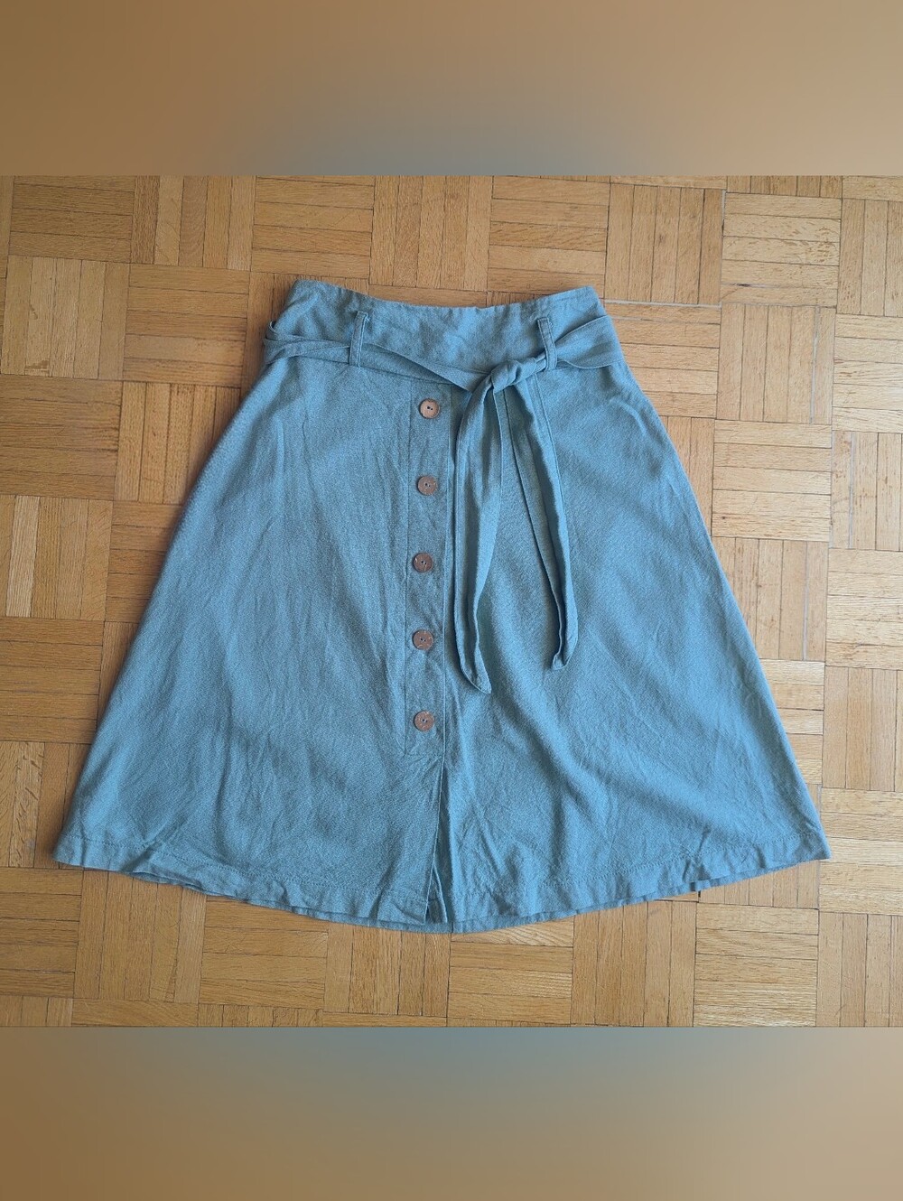 Linen Blend Seafoam Button-Front A-Line Skirt with Tie Waist